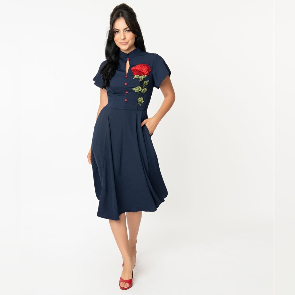Unique Vintage NWT Navy Dress with Red Rose Detail - Size XL/14